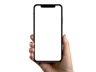 Hand holding smartphone with blank white screen modern technology, Isolated On White Background, Png Transparent
