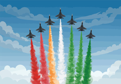 Airshow display of military jets in V-formation with saffron white and green smoke trails.