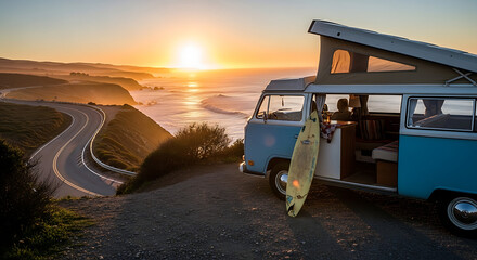 Vintage Camper Van on a Coastal Road