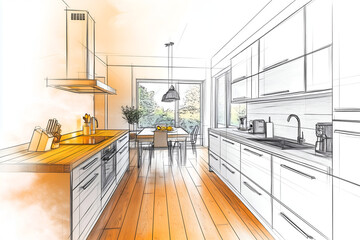 Modern kitchen interior design from a sketch to a colored concept.