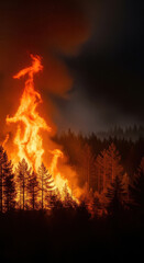 Wildfire burning through dense forest at night, tall flames and thick smoke rising, dramatic and intense atmosphere, environmental disaster, natural crisis, glowing orange light