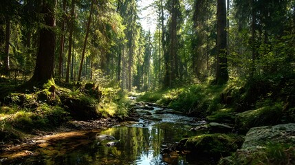 Obraz premium Green forest in sunlight with forest stream