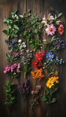 Vibrant Assortment of Fresh Flowers and Herbs on Rustic Wooden Table