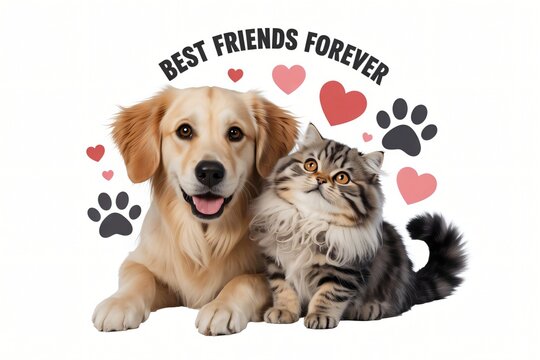 Adorable golden retriever puppy and tabby cat best friends forever