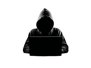 Anonymous hooded figure working on laptop in darkness, Isolated On White Background, Png Transparent