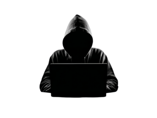 Anonymous hooded figure working on laptop in darkness, Isolated On White Background, Png Transparent