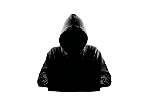 Anonymous hooded figure working on laptop in darkness, Isolated On White Background, Png Transparent