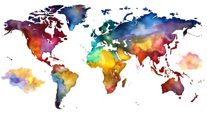 Vibrant Watercolor World Map Displaying Diverse Global Colors and Continents