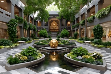 Beautiful indoor courtyard with lush greenery high resolution picture.