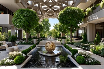 Beautifully landscaped indoor courtyard view high resolution picture.