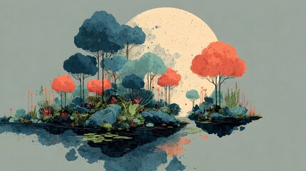 A surreal grunge inspired illust n depicting a whimsical landscape of floating islands wispy clouds and vibrant textured flora conveying a sense of tranquil wonder through a muted