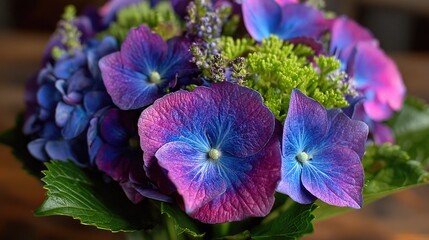 Close-up of a vibrant bouquet featuring blue and purple hydrangeas, accented with greenery