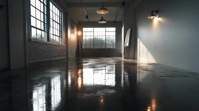 Spacious, modern interior of an empty industrial room with polished concrete floor and large windows