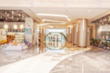 A blurred view of a shopping mall interior in Shenzhen, China. The background is out of focus, creating bokeh.