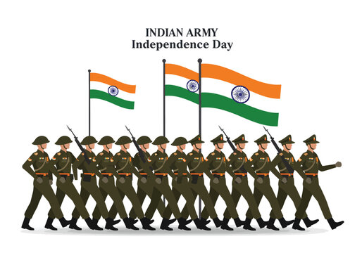 Indian Army soldiers in olive green uniforms marching in a parade with rifles and the Indian national flag.