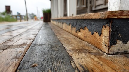 Weathered wooden porch step, showing paint peeling and wood grain