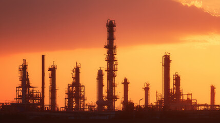 Obraz premium Industrial refinery at sunset with steel structures against a dramatic orange sky.