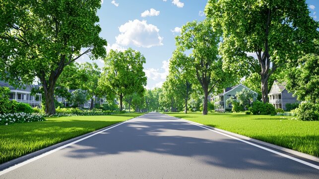 A tranquil, tree-lined street in a picturesque suburban neighborhood basks in the warm glow of a sunset, reminiscent of a vintage western town, its peaceful atmosphere inviting