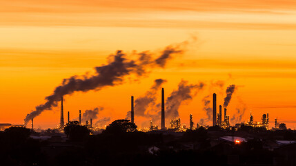 Obraz premium Industrial refinery at sunset with steel structures against a dramatic orange sky.