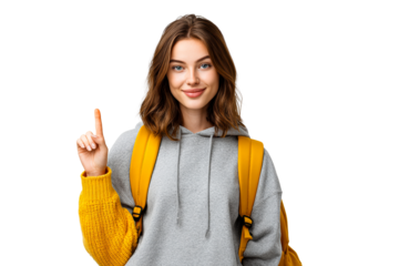Young woman shows one finger with backpack