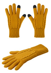 Yellow Knitted Winter Gloves Isolated On Transparent Background