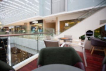 A blurred view of a cafe inside a modern shopping mall in Shenzhen, China. The bokeh effect creates a soft, dreamy atmosphere.