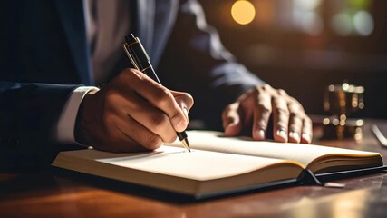Businessman writing in notebook - Powered by Adobe