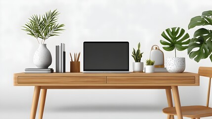 Obraz premium Modern Minimalist Workspace with Wooden Desk, Laptop and Stylish Indoor Plants in Bright Atmosphere