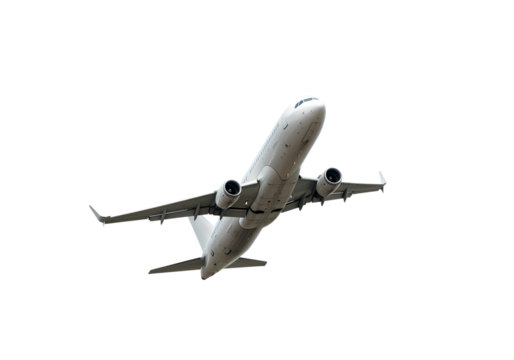 Airplane Takeoff: Dramatic Aerial View of Passenger Jet Ascending Isolated on Transparent Background