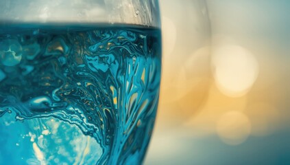 Close up of swirling blue liquid in a glass with bokeh background