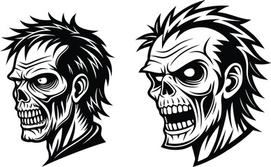 Obraz premium Scary zombie skull heads in black and white – horror monster face vector illustration for Halloween themes