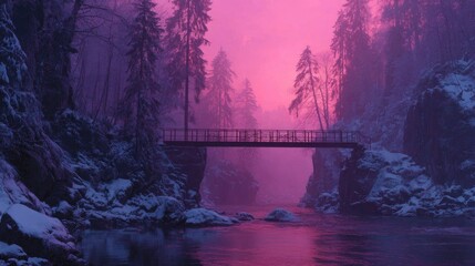 Pink-hued winter scene; snow-covered rocks, bridge, and river in a misty forest