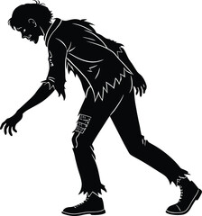 Fototapeta premium Walking zombie silhouette in tattered clothes – creepy Halloween undead character vector illustration