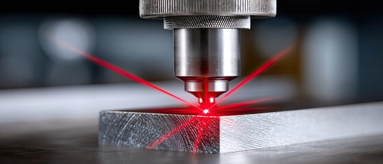 laser cutting metal concept. Precision laser cutting metal with bright red laser beam focused on material surface.