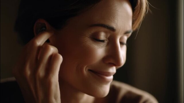 Woman smiling while adjusting hearing aid in cozy indoor setting  