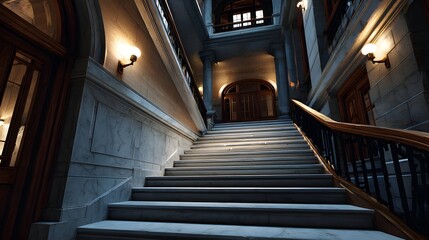Obraz premium Elegant Historic Marble Staircase with Dramatic Lighting and Intricate Architectural Details