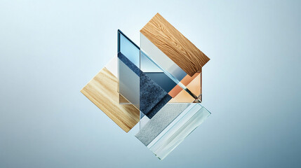 Photo of abstract composition of various materials like wood, glass, and carpet