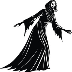 Screaming ghost woman black and white vector illustration isolated on white background