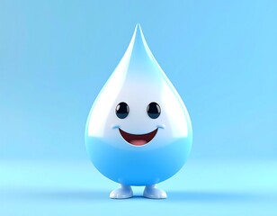 Happy, cartoon water droplet on light blue background