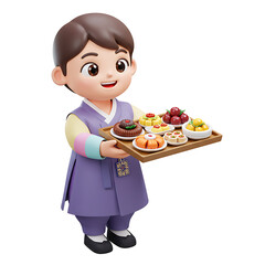 Adorable 3D Render of Korean Boy in Hanbok Presenting Traditional Sweet Treats