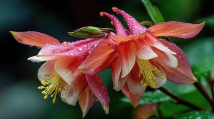 Two coral-pink flowers with water droplets