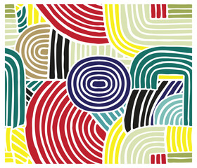 Colorful abstract pattern featuring concentric circles and flowing lines in red, blue, green, yellow, and black against a white background.