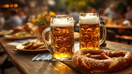 Mugs of freshly beer with the pretzels on the table in the German beer garden