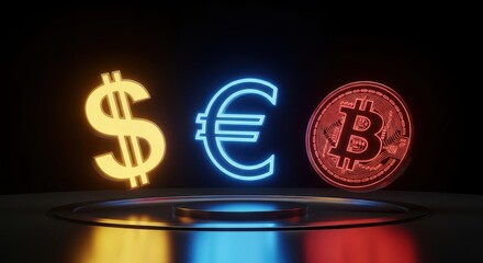 Neon glowing dollar, euro, and bitcoin symbols on a dark futuristic platform