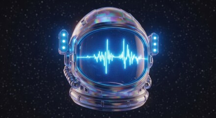Astronaut helmet displaying a sound wave on a starry background