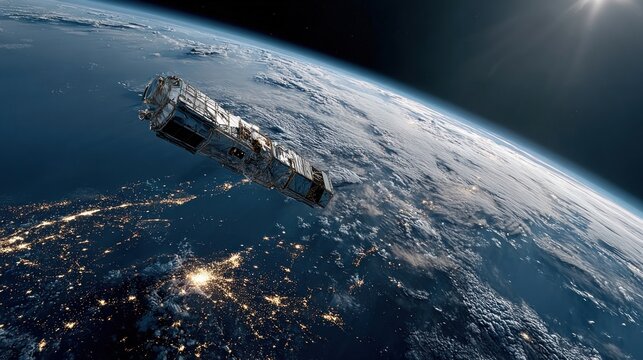 Sleek high-tech satellite orbiting earth amid twinkling stars