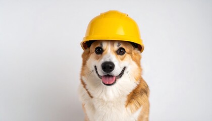 Happy corgi dog wearing a yellow hard hat against a white background