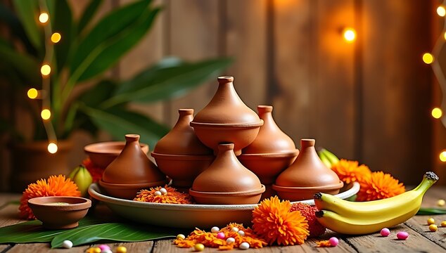 "Traditional earthen butter pots stacked in a pyramid, surrounded by banana leaves, marigold flowers, and sugar candies, festive Janmashtami decor against a rustic wooden wall"

