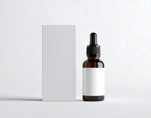 Fototapeta premium Blank amber dropper bottle and white box packaging template. Cosmetic product branding mockup isolated on white.