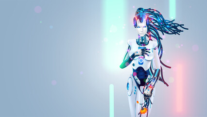 A romantic robot or cyborg woman in the Venus pose with a flower in her hands. Beautiful, modest, shy sexy robot woman with loose hair in the wind in neon lights on a light background. The birth of AI